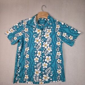 Vintage 70s Ilani Made‎ Hawaii Aloha Shirt Mens L Teal Hibiscus Floral Tiki Luau